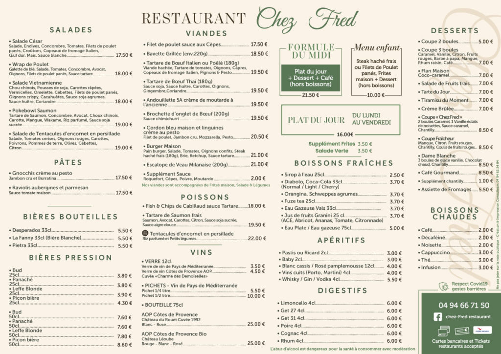CHEZ FRED MENU